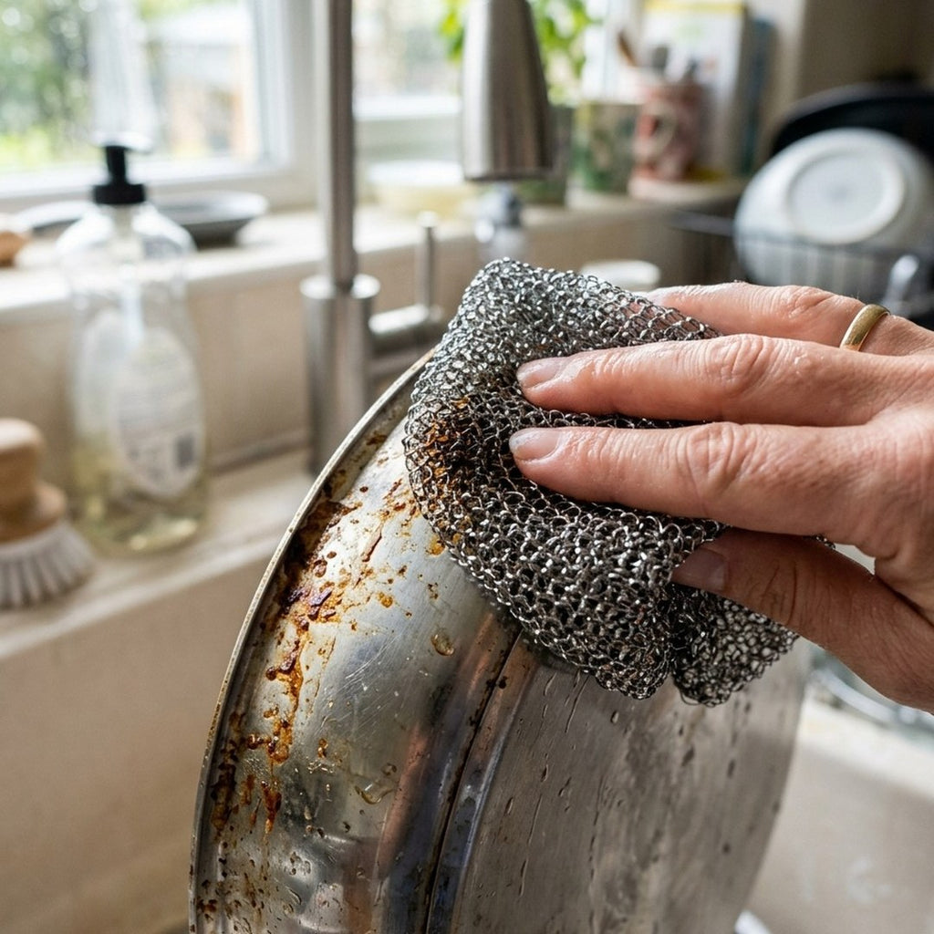 DuoDoek doekje poetst een aangebrande pan schoon in de keuken