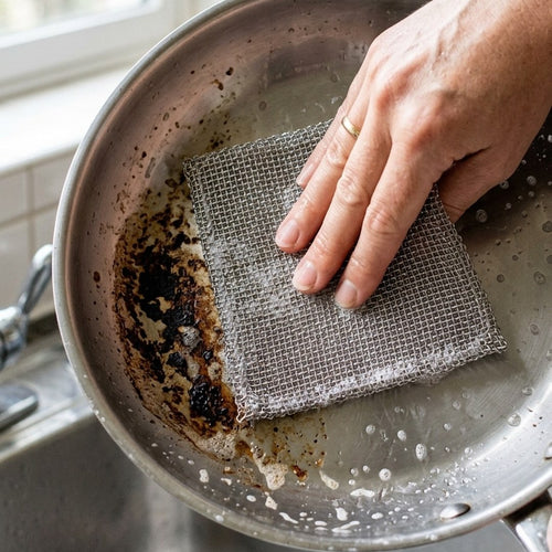 Hand veegt aangekoekte etensresten uit een pan met het DuoDoek staaldraad-doekje
