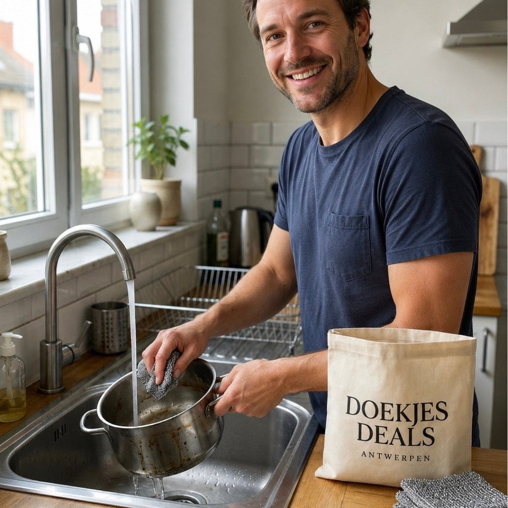 Man in keuken na het schoonmaken met DuoDoek, de krasvrije staalspons-vervanger