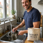 Man in keuken na het schoonmaken met DuoDoek, de krasvrije staalspons-vervanger