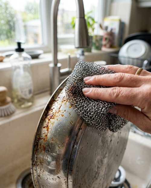 DuoDoek doekje poetst een aangebrande pan schoon in de keuken