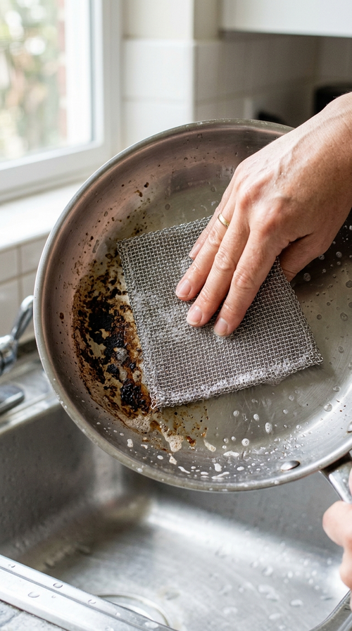 Hand veegt aangekoekte etensresten uit een pan met het DuoDoek staaldraad-doekje